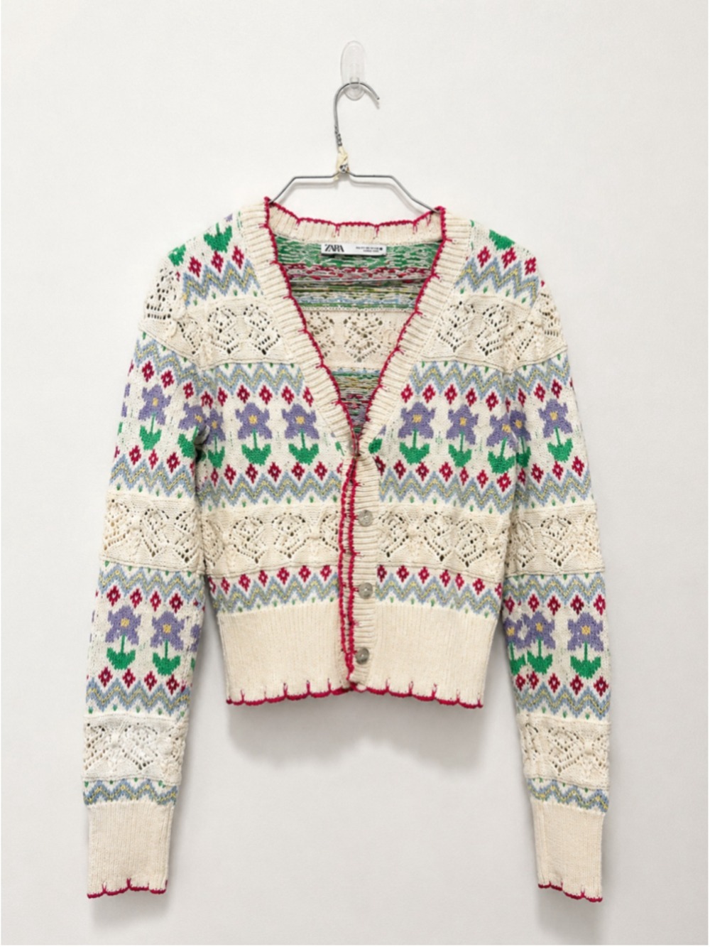 ZARA Women’s Fair Isle Floral Knit Cropped Cardigan Sweater Size S Boho Cottage - Picture 2 of 5